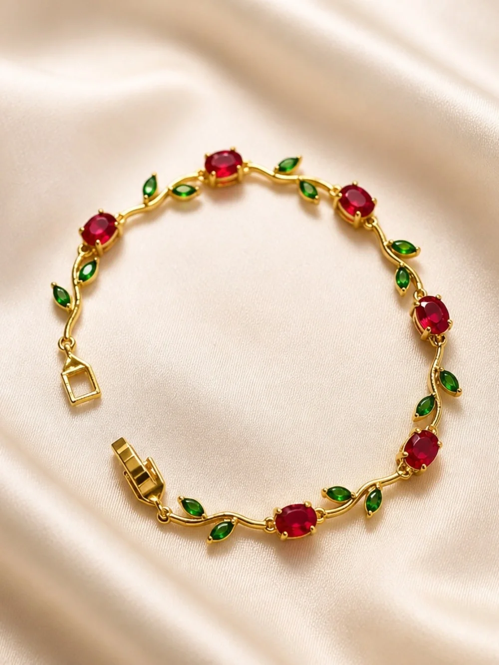 14k Gold Stainless Steel Red and Green Crystal Vine Bracelet